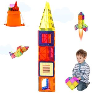 Magnetic Tiles, 55 PCS Magnetic Building Blocks for Kids, Magnet Building Set with Car Base & 16 Digital Cards, STEM Educational Construction Stacking Toys Gift for Toddlers Boys Girls Aged 4+