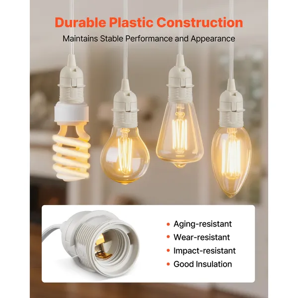 Plug in Hanging Light Cord Kit, 16ft Lantern Extension Cords, 2 Pack E26 Light Socket Lamp Cord Replacement, Secure & Sturdy, Easy to Install, Pendant Lamp Kit On/Off Switch & Socket Rings - Image 4