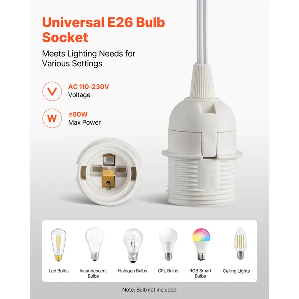 Plug in Hanging Light Cord Kit, 16ft Lantern Extension Cords, 2 Pack E26 Light Socket Lamp Cord Replacement, Secure & Sturdy, Easy to Install, Pendant Lamp Kit On/Off Switch & Socket Rings - Image 5