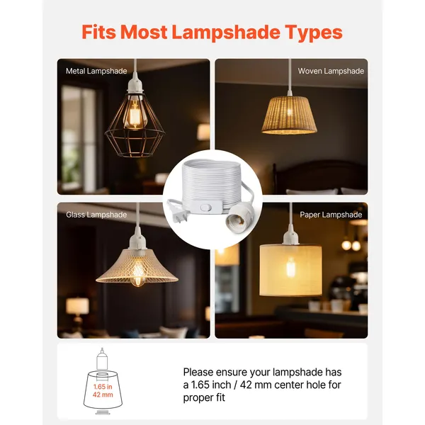 Plug in Hanging Light Cord Kit, 16ft Lantern Extension Cords, 2 Pack E26 Light Socket Lamp Cord Replacement, Secure & Sturdy, Easy to Install, Pendant Lamp Kit On/Off Switch & Socket Rings - Image 7