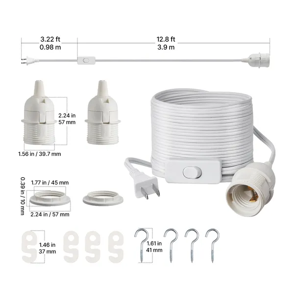 Plug in Hanging Light Cord Kit, 16ft Lantern Extension Cords, 2 Pack E26 Light Socket Lamp Cord Replacement, Secure & Sturdy, Easy to Install, Pendant Lamp Kit On/Off Switch & Socket Rings - Image 9
