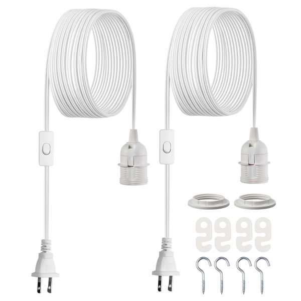 Plug in Hanging Light Cord Kit, 16ft Lantern Extension Cords, 2 Pack E26 Light Socket Lamp Cord Replacement, Secure & Sturdy, Easy to Install, Pendant Lamp Kit On/Off Switch & Socket Rings