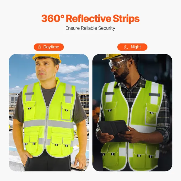 Safety Vest, 10 Pockets Yellow Safety Vest, Hi Vis Zipper Front Safety Vest with Reflective Strips, High Visibility Work Construction Vest with Pockets and Walkie-Talkie Clip, for Men & Woman - Image 3