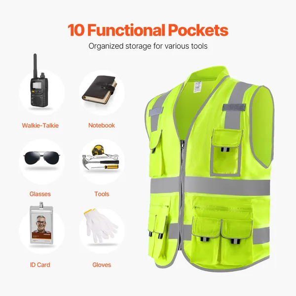 Safety Vest, 10 Pockets Yellow Safety Vest, Hi Vis Zipper Front Safety Vest with Reflective Strips, High Visibility Work Construction Vest with Pockets and Walkie-Talkie Clip, for Men & Woman - Image 4