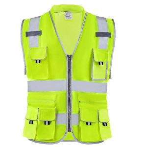 Safety Vest, 10 Pockets Yellow Safety Vest, Hi Vis Zipper Front Safety Vest with Reflective Strips, High Visibility Work Construction Vest with Pockets and Walkie-Talkie Clip, for Men & Woman