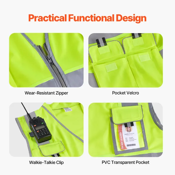 Safety Vest, 10 Pockets Yellow Safety Vest, Hi Vis Zipper Front Safety Vest with Reflective Strips, High Visibility Work Construction Vest with Pockets and Walkie-Talkie Clip, for Men & Woman - Image 6